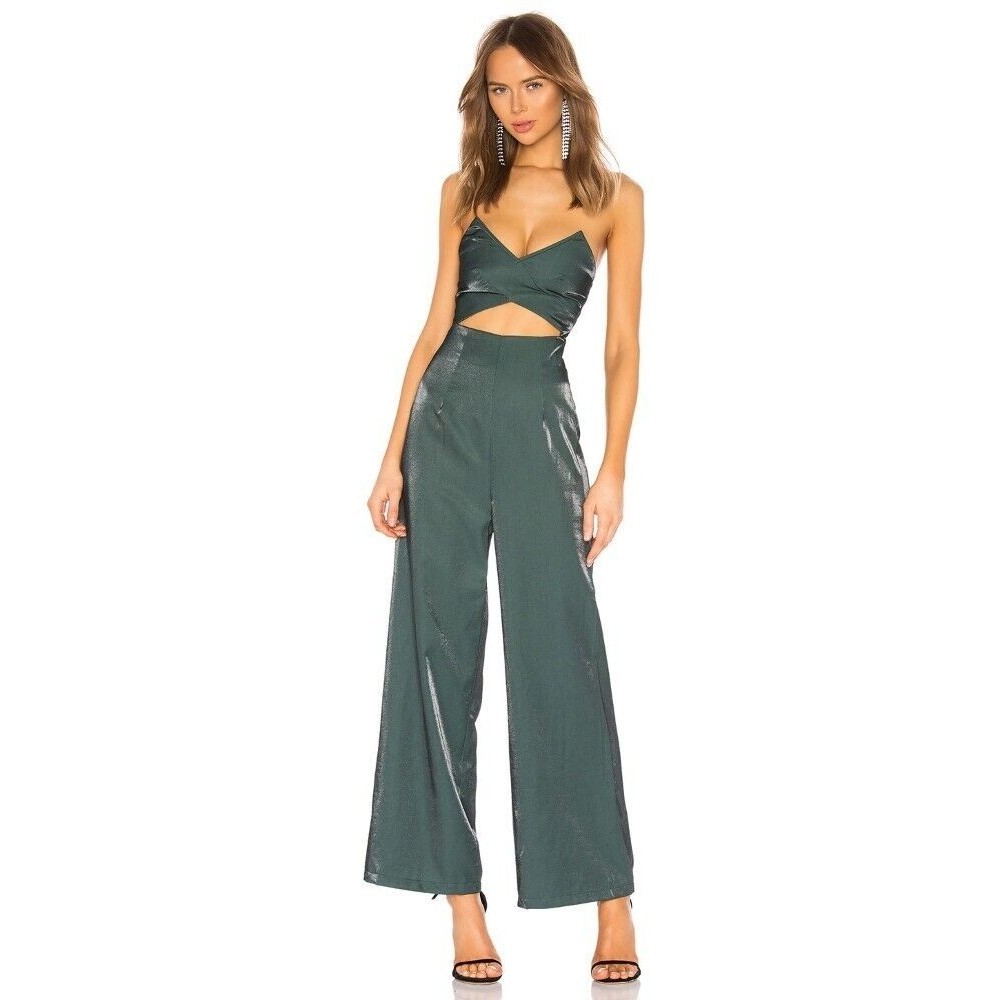 REVOLVE About Us Kimberly Cut Out Jumpsuit in Green Size Small Sheen Finish